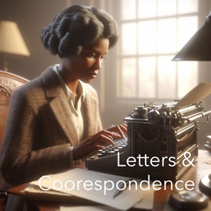 An African American woman in circa 1930s attire sits at a desk typing a letter on an old mechanical typewriter.
